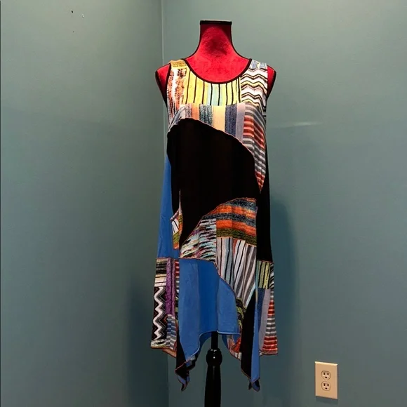 Sleeveless Patchwork Print Handkerchief Hem Dress - Blue & Black Size Large - Picture 1 of 14